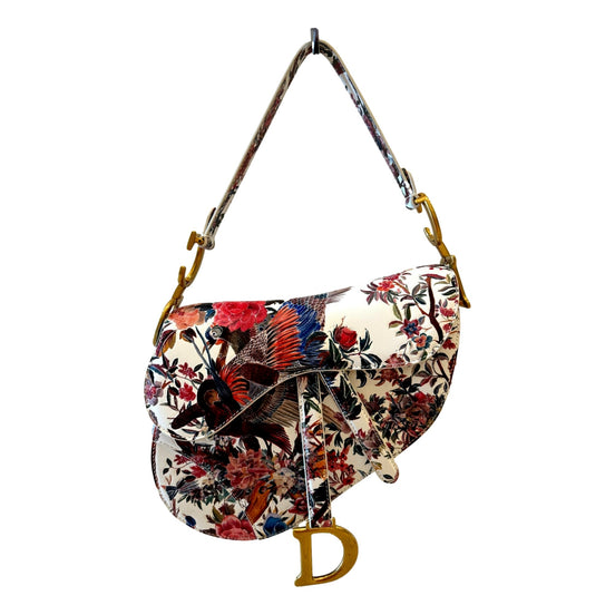 Dior Saddle Floral Bird Print Leather Crossbody Bag with Gold Charm - available at Queen Bee of Beverly Hills.