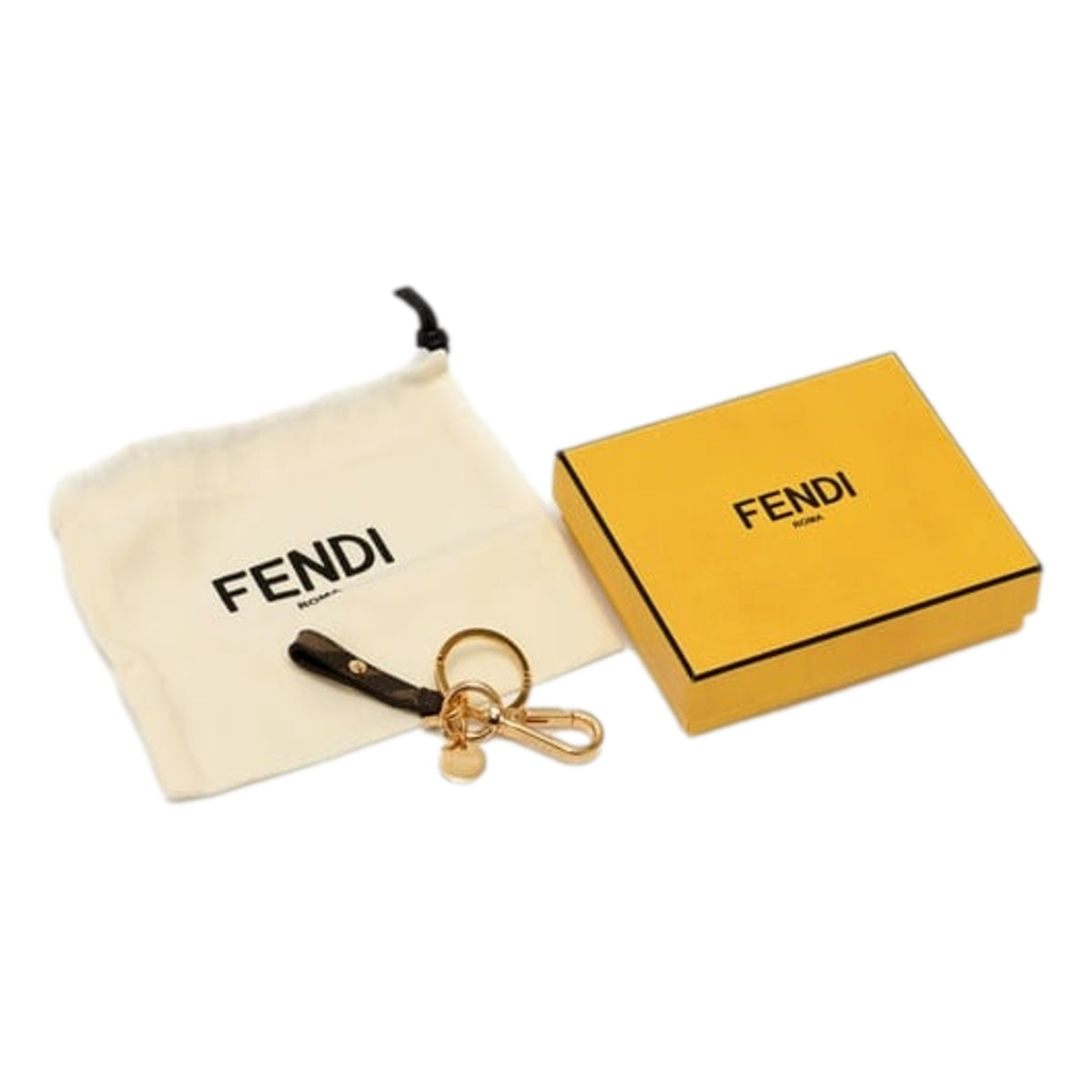 Fendi FF Zucca Canvas and Leather Gold Tone Bag Charm with Roma Medallion - Available at Queen Bee of Beverly Hills. 