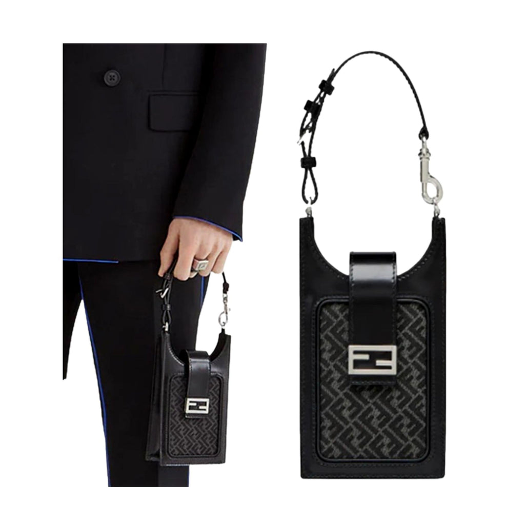 Fendi Baguette Black FF Canvas and Leather Phone Holder Crossbody Bag at_Queen_Bee_of_Beverly_Hills