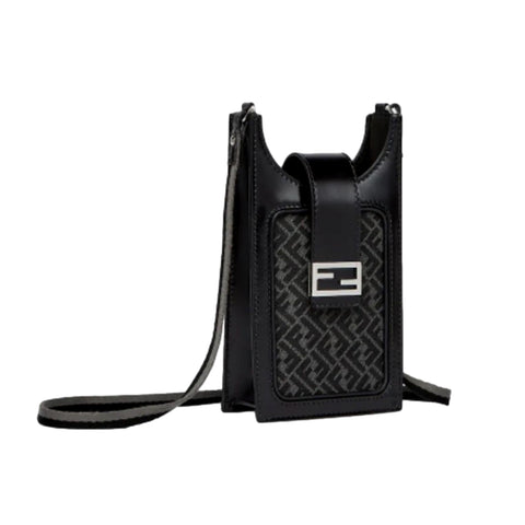 Fendi Baguette Black FF Canvas and Leather Phone Holder Crossbody Bag at_Queen_Bee_of_Beverly_Hills