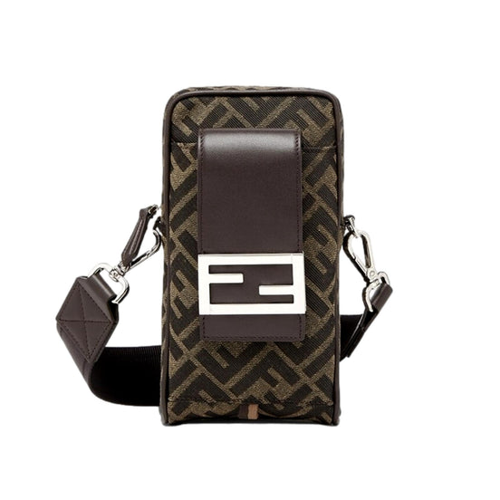 Fendi Baguette Brown Zucca Canvas Phone Holder Crossbody Bag available at Queen Bee of Beverly Hills
