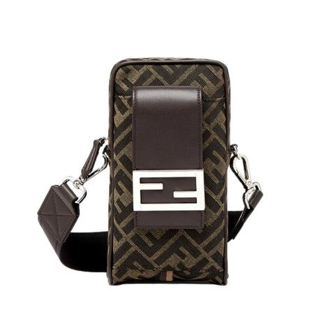 Fendi Baguette Brown Zucca Canvas Phone Holder Crossbody Bag available at Queen Bee of Beverly Hills