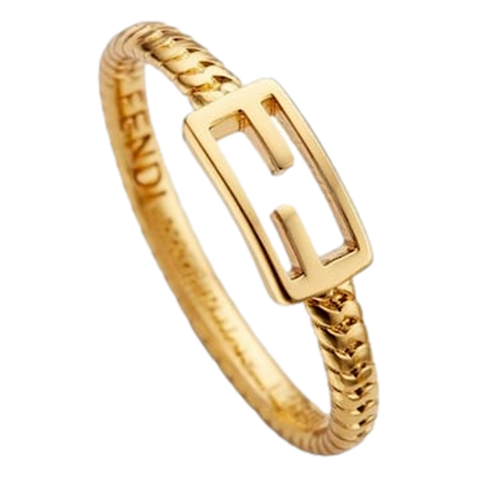 Fendi Baguette FF Logo Ring Gold Tone Twist Metal Band Large available at Queen Bee of Beverly Hills