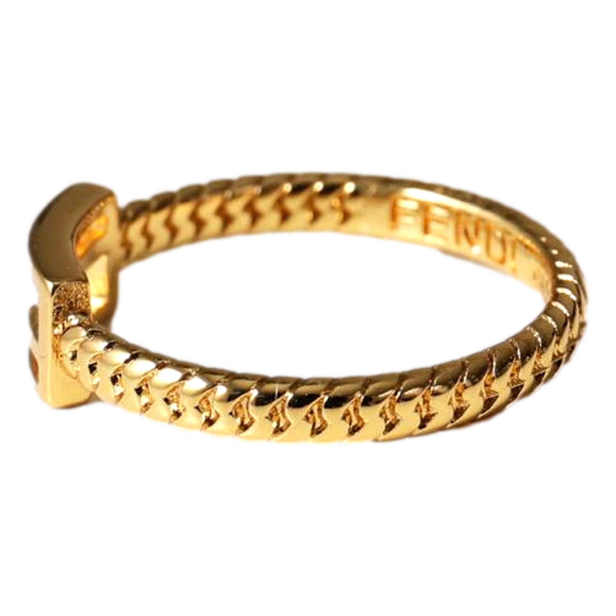 Fendi Baguette FF Logo Ring Gold Tone Twist Metal Band Large available at Queen Bee of Beverly Hills
