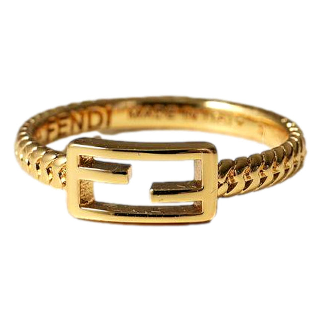 Fendi Baguette FF Logo Ring Gold Tone Twist Metal Band Large available at Queen Bee of Beverly Hills