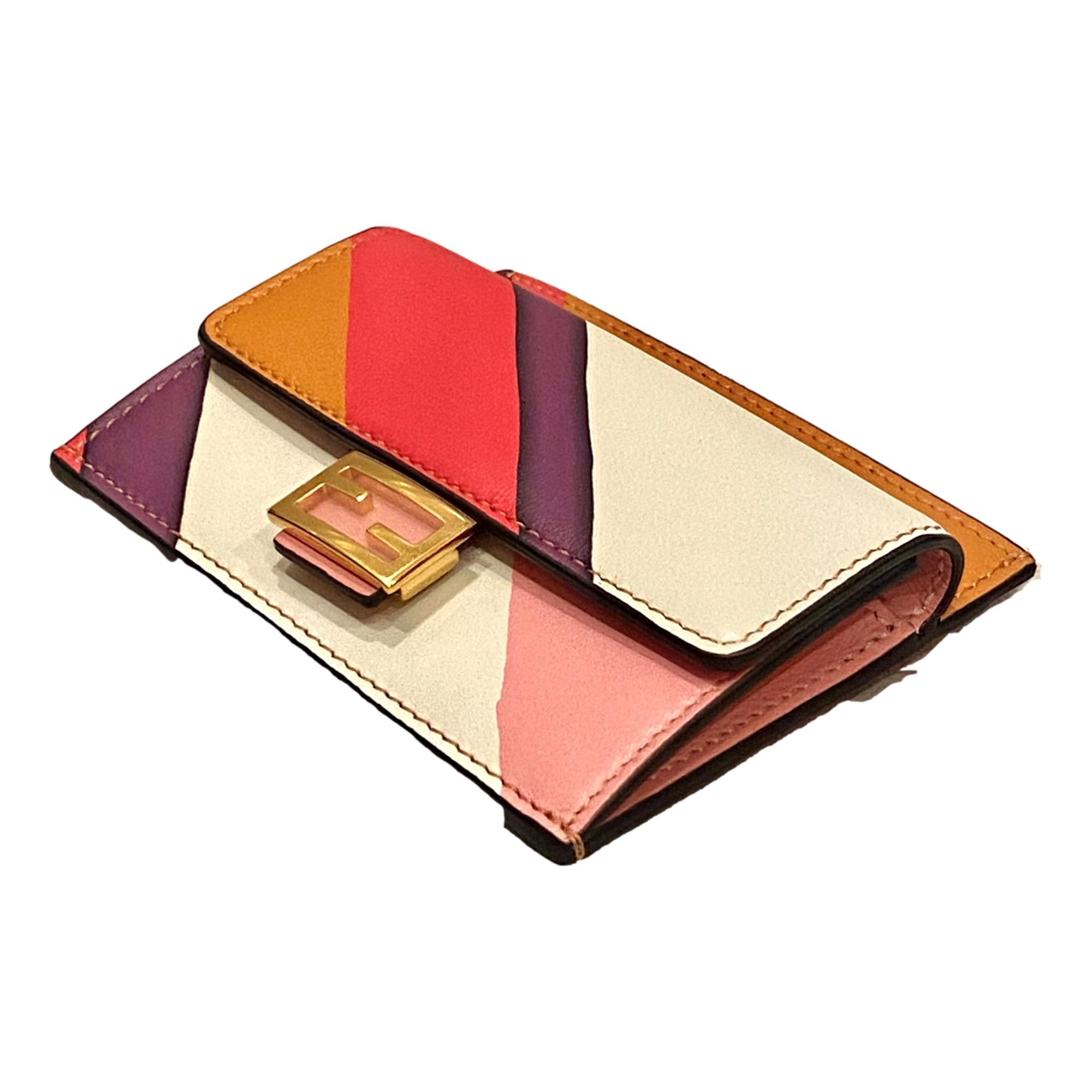 Fendi Baguette Hot Pink Stripe Leather Card Holder Wallet Queen Bee of Beverly Hills