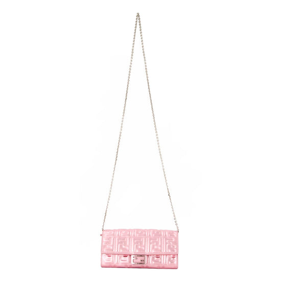 Fendi Baguette Wallet on Chain Metallic Pink FF Embossed Crossbody Bag