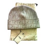 Fendi FF Logo Knit Beanie Hat Beige Wool Blend