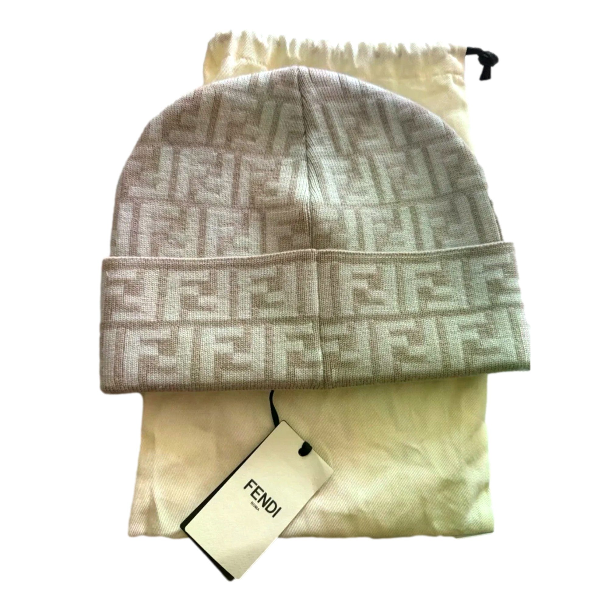 Fendi FF Logo Knit Beanie Hat Beige Wool Blend