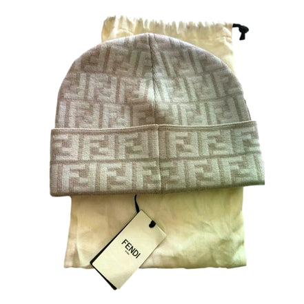 Fendi FF Logo Knit Beanie Hat Beige Wool Blend
