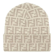 Fendi FF Logo Knit Beanie Hat Beige Wool Blend