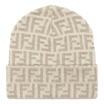 Fendi FF Logo Knit Beanie Hat Beige Wool Blend