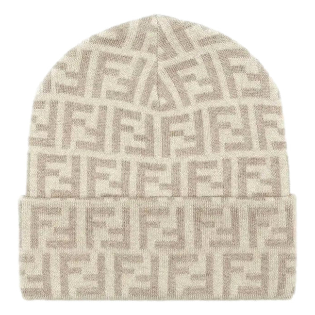 Fendi FF Logo Knit Beanie Hat Beige Wool Blend
