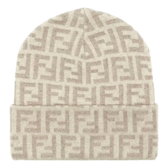 Fendi FF Logo Knit Beanie Hat Beige Wool Blend
