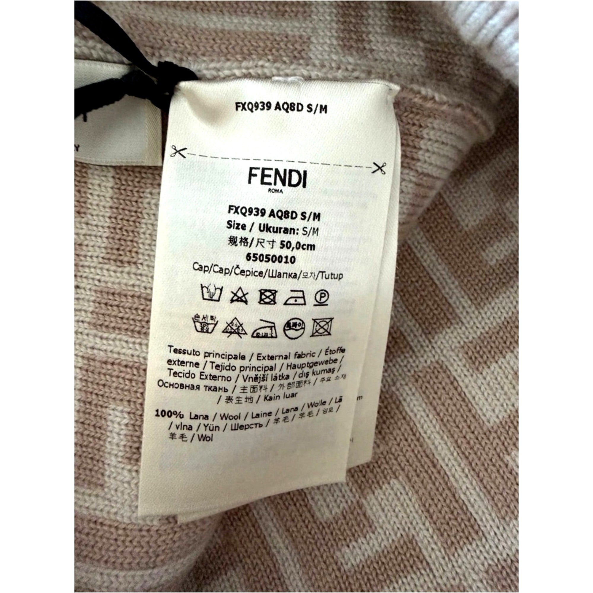 Fendi FF Logo Knit Beanie Hat Beige Wool Blend