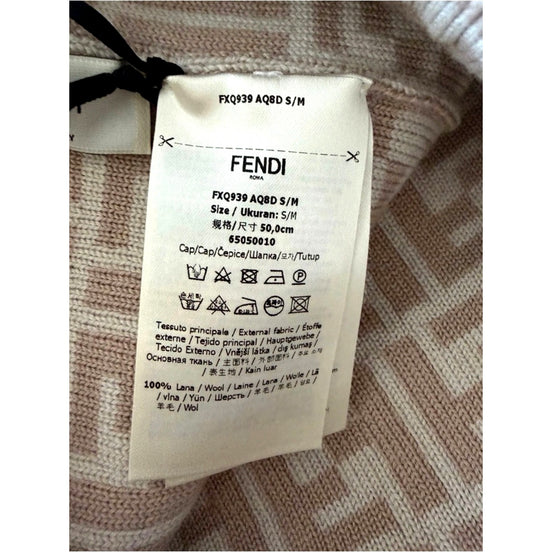 Fendi FF Logo Knit Beanie Hat Beige Wool Blend