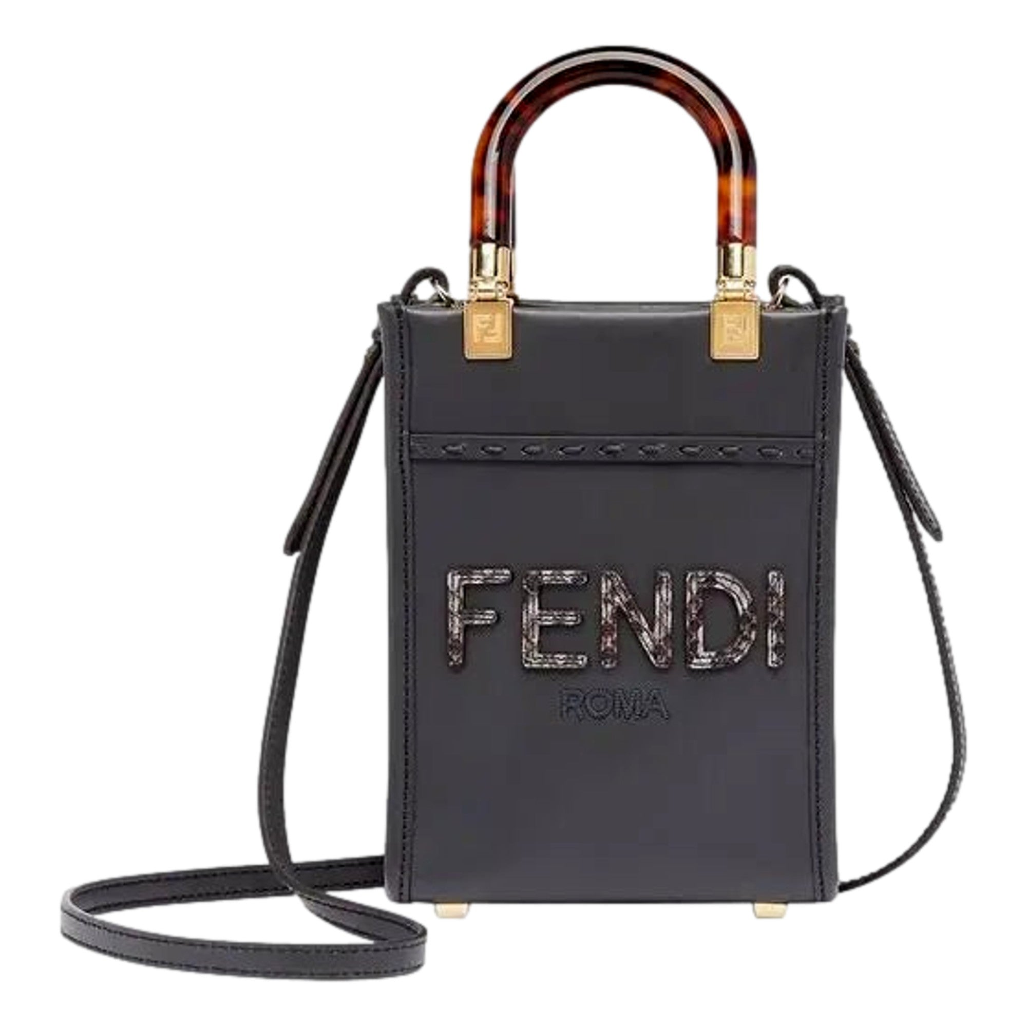 Fendi Black Calfskin Snake Print Mini Sunshine Shopper Tote Crossbody Bag available at Queen Bee of Beverly Hills