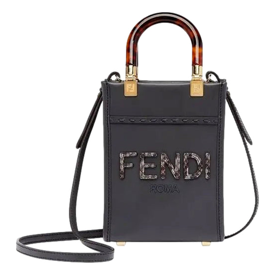 Fendi Black Calfskin Snake Print Mini Sunshine Shopper Tote Crossbody Bag available at Queen Bee of Beverly Hills