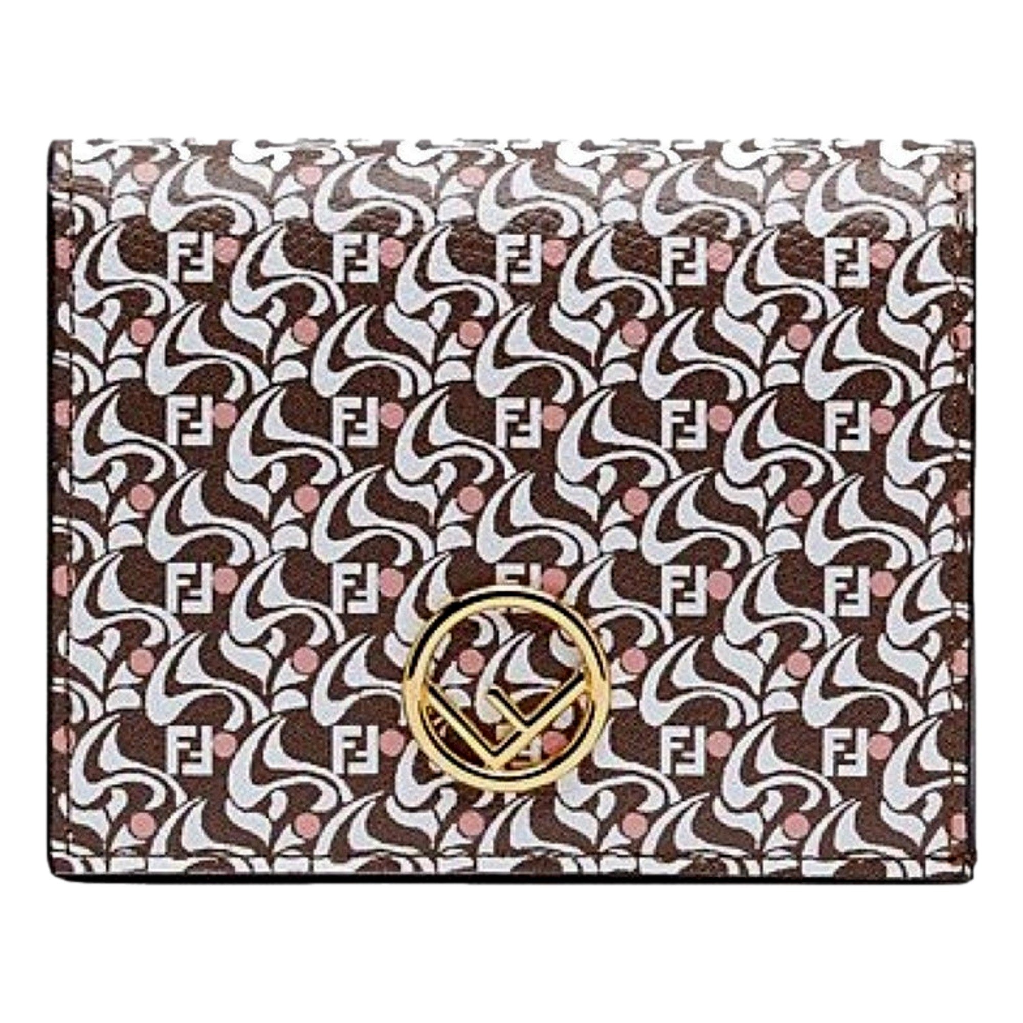 Fendi Calf Leather F Logo Brown Pink Small Bifold Wallet available at Queen Bee of Beverly Hills