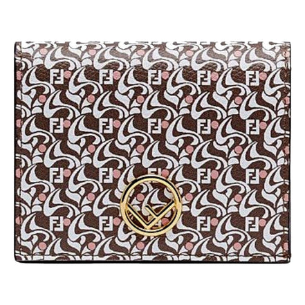Fendi Calf Leather F Logo Brown Pink Small Bifold Wallet available at Queen Bee of Beverly Hills