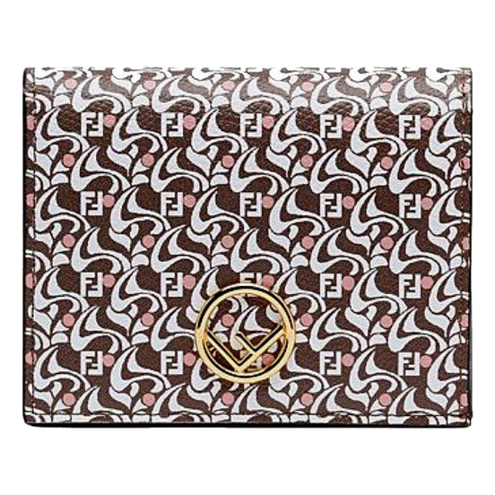 Fendi Calf Leather F Logo Brown Pink Small Bifold Wallet available at Queen Bee of Beverly Hills