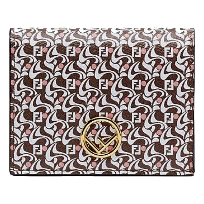 Fendi Calf Leather F Logo Brown Pink Small Bifold Wallet available at Queen Bee of Beverly Hills