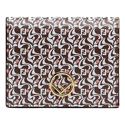 Fendi Calf Leather F Logo Brown Pink Small Bifold Wallet available at Queen Bee of Beverly Hills