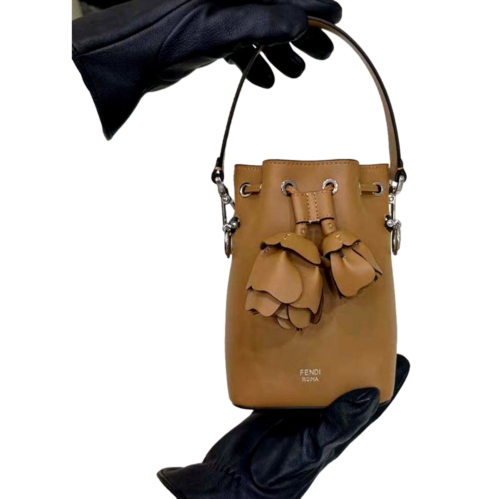 FENDI Calfskin F is 3D Flower Mini Mon Tresor Bucket Bag Brown Tan available at Queen Bee of Beverly Hills