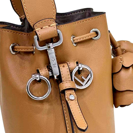 FENDI Calfskin F is 3D Flower Mini Mon Tresor Bucket Bag Brown Tan available at Queen Bee of Beverly Hills