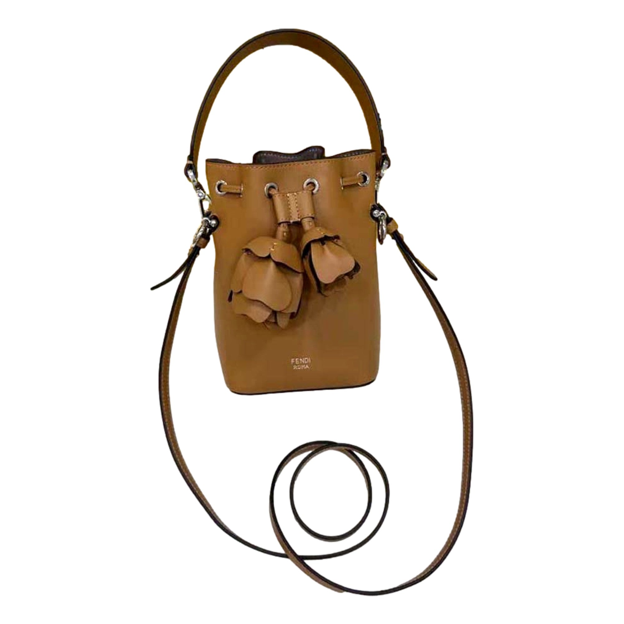FENDI Calfskin F is 3D Flower Mini Mon Tresor Bucket Bag Brown Tan available at Queen Bee of Beverly Hills