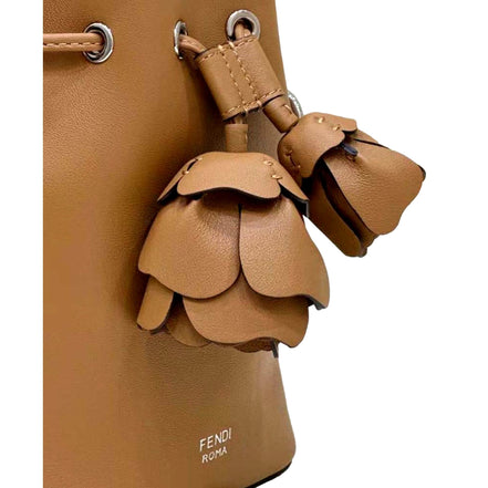 FENDI Calfskin F is 3D Flower Mini Mon Tresor Bucket Bag Brown Tan available at Queen Bee of Beverly Hills