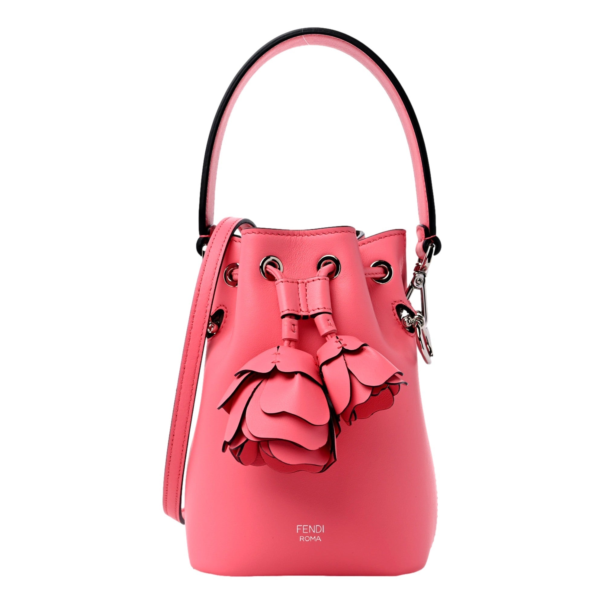 Fendi Calfskin F is Fendi 3D Flower Mini Mon Tresor Bucket Bag Pink available at Queen Bee of Beverly Hills