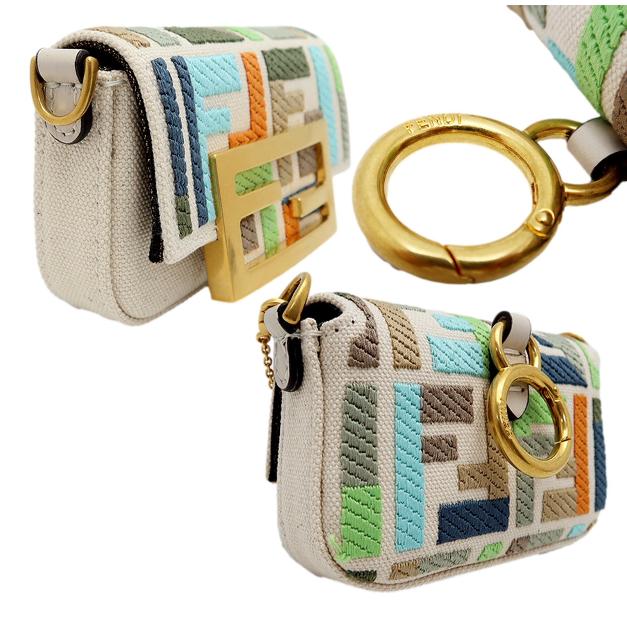Fendi Canvas FF Embroidery Nano Baguette Charm Beige Multicolor available at Queen Bee of Beverly Hills