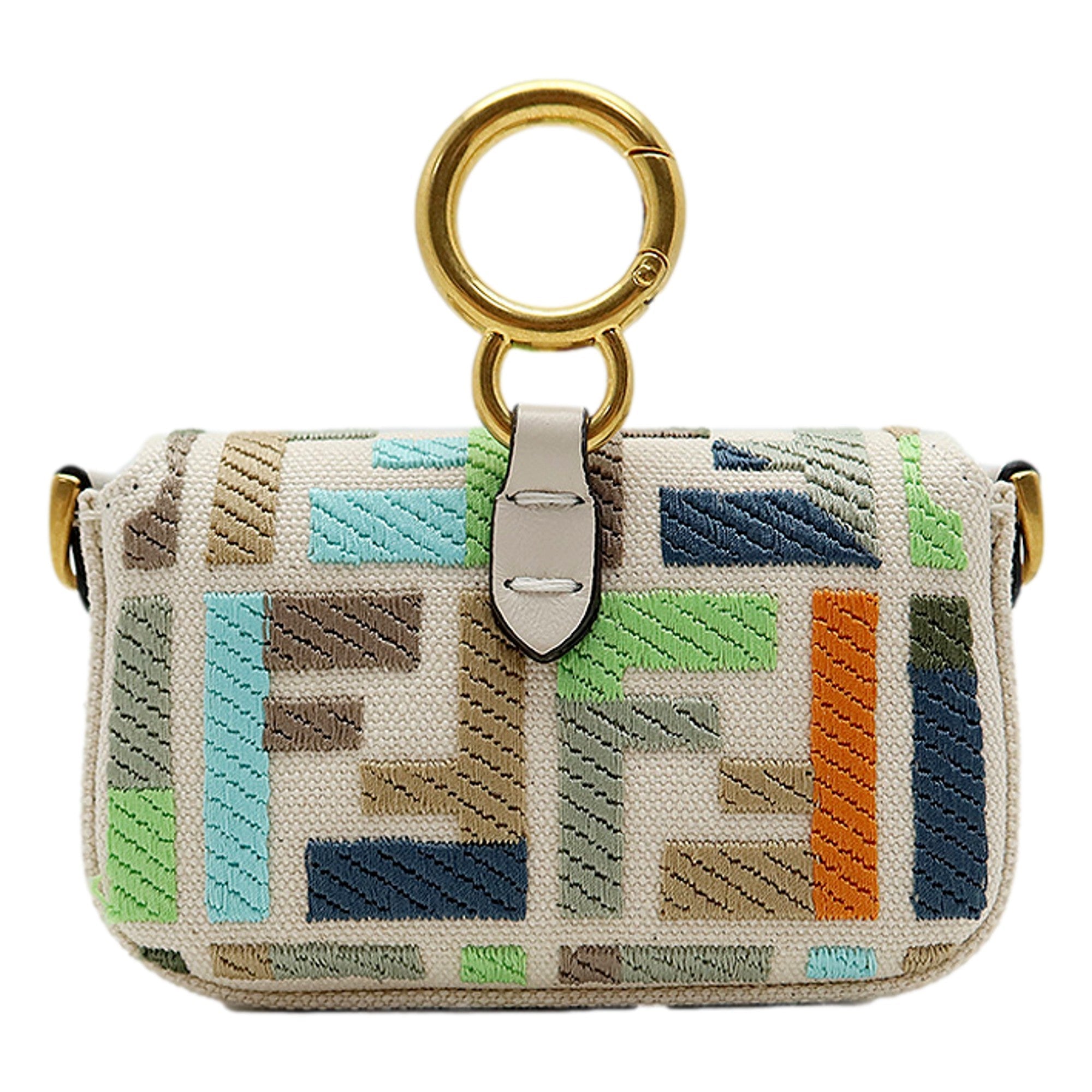 Fendi Canvas FF Embroidery Nano Baguette Charm Beige Multicolor available at Queen Bee of Beverly Hills