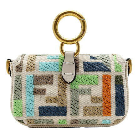 Fendi Canvas FF Embroidery Nano Baguette Charm Beige Multicolor available at Queen Bee of Beverly Hills