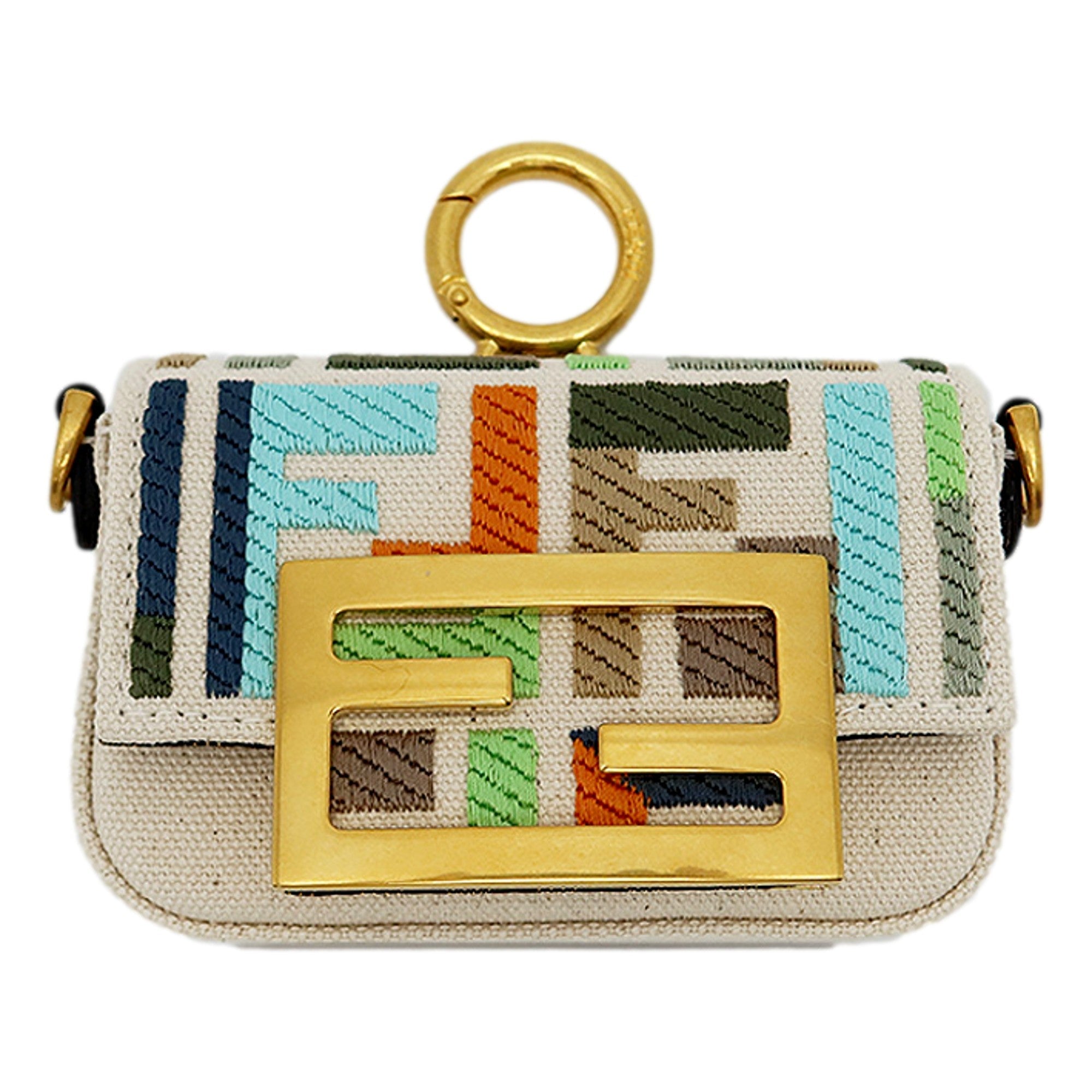 Fendi Canvas FF Embroidery Nano Baguette Charm Beige Multicolor available at Queen Bee of Beverly Hills