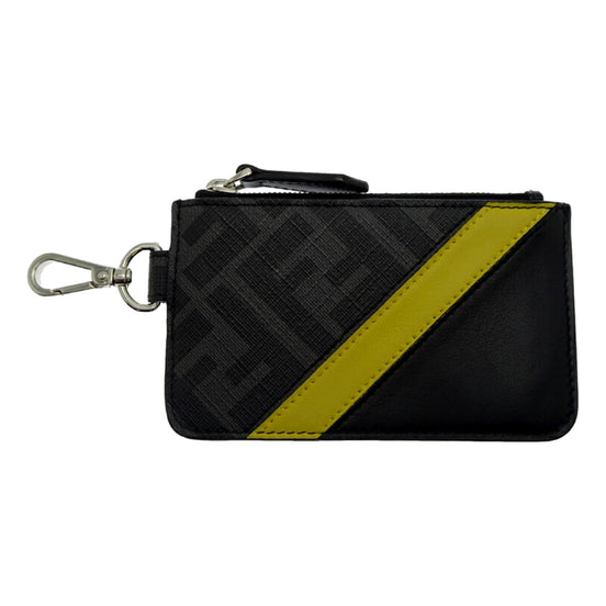 Fendi Diagonal Black Sunflower Yellow Calf Leather Coincase Keychain Wallet available at Queen Bee of Beverly Hills