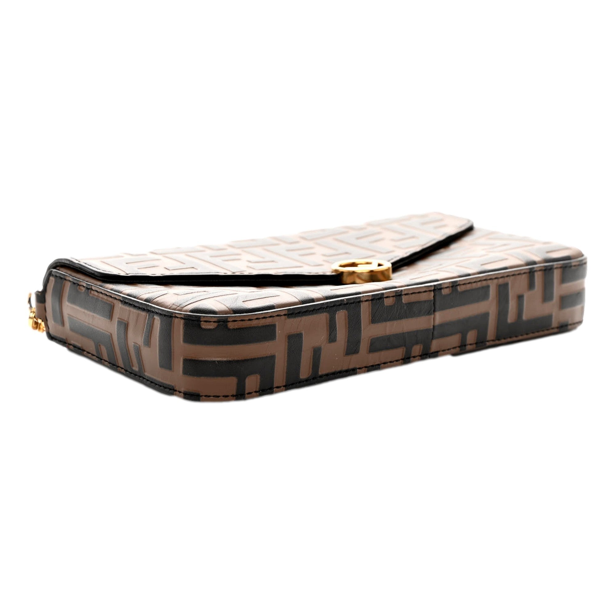Fendi F is Fendi Brown Zucca Embossed Leather Envelope Wallet on Chain with Pouches available at Queen Bee of Beverly Hills