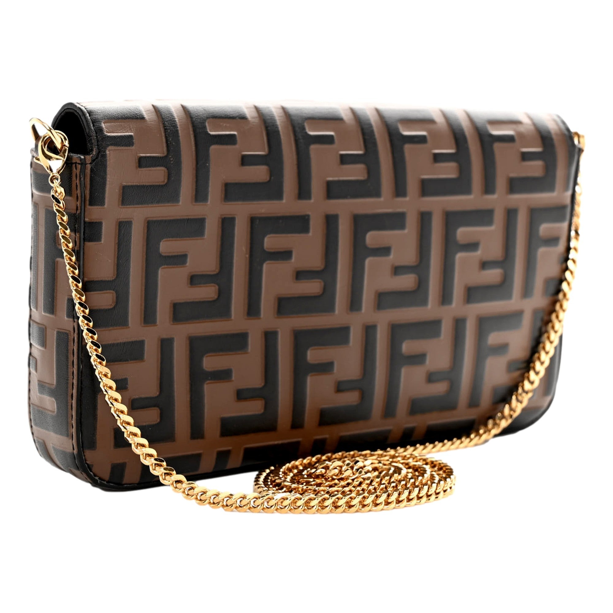 Fendi F is Fendi Brown Zucca Embossed Leather Envelope Wallet on Chain with Pouches available at Queen Bee of Beverly Hills