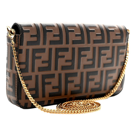 Fendi F is Fendi Brown Zucca Embossed Leather Envelope Wallet on Chain with Pouches available at Queen Bee of Beverly Hills