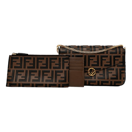 Fendi F is Fendi Brown Zucca Embossed Leather Envelope Wallet on Chain with Pouches available at Queen Bee of Beverly Hills