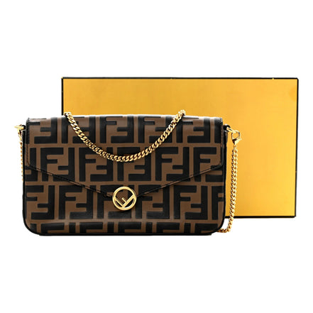 Fendi F is Fendi Brown Zucca Embossed Leather Envelope Wallet on Chain with Pouches available at Queen Bee of Beverly Hills