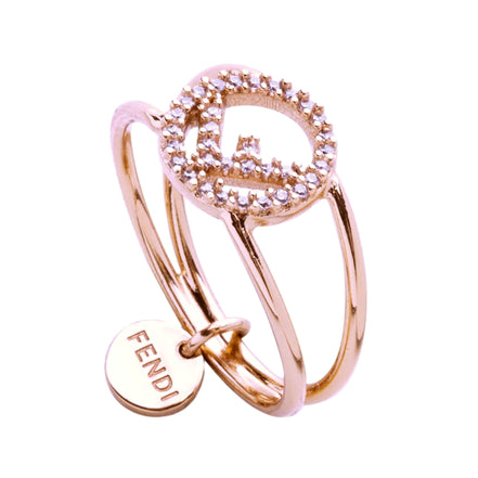 Fendi F is Fendi Circle Logo Crystal Ring Rose Gold Metal Size Large available at Queen Bee of Beverly Hills