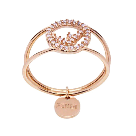 Fendi F is Fendi Circle Logo Crystal Ring Rose Gold Metal Size Medium available at Queen Bee of Beverly Hills
