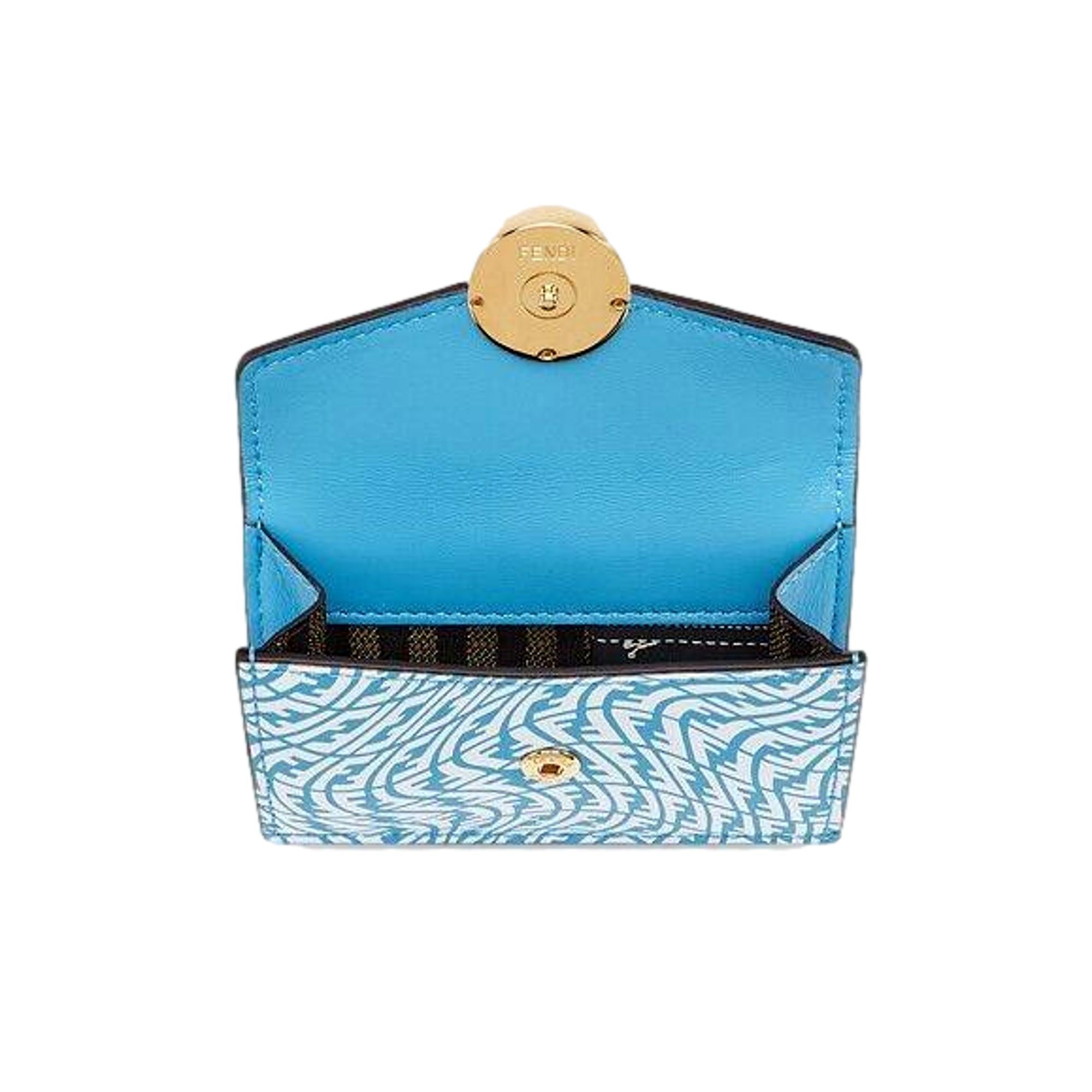 Fendi F is Fendi Cyber Blue Leather Vertigo Print Small Trifold Wallet available at Queen Bee of Beverly Hills