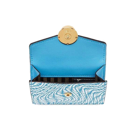 Fendi F is Fendi Cyber Blue Leather Vertigo Print Small Trifold Wallet available at Queen Bee of Beverly Hills