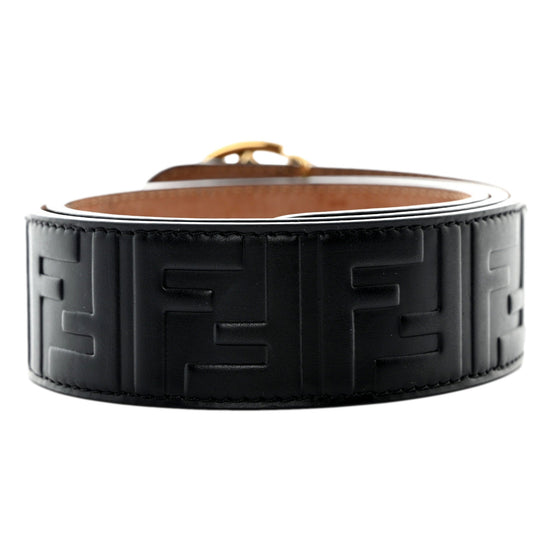 Fendi F is Fendi FF Calfskin Leather Black Embossed Belt Size 80/32 available at Queen Bee of Beverly Hills