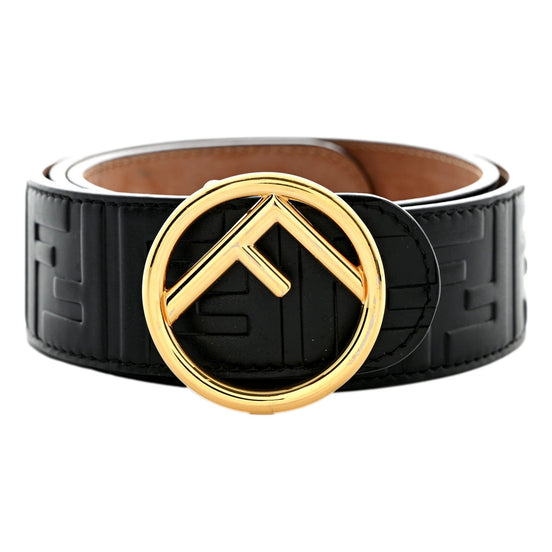 Fendi F is Fendi FF Calfskin Leather Black Embossed Belt Size 80/32 available at Queen Bee of Beverly Hills
