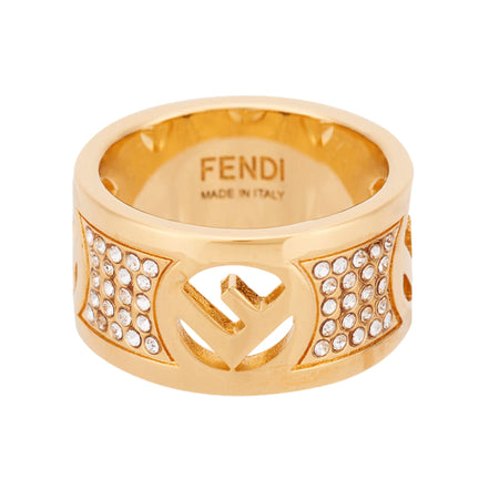 Fendi F is Fendi Logo Ring Wide Band Crystal Gold Metal Size Medium available at Queen Bee of Beverly Hills