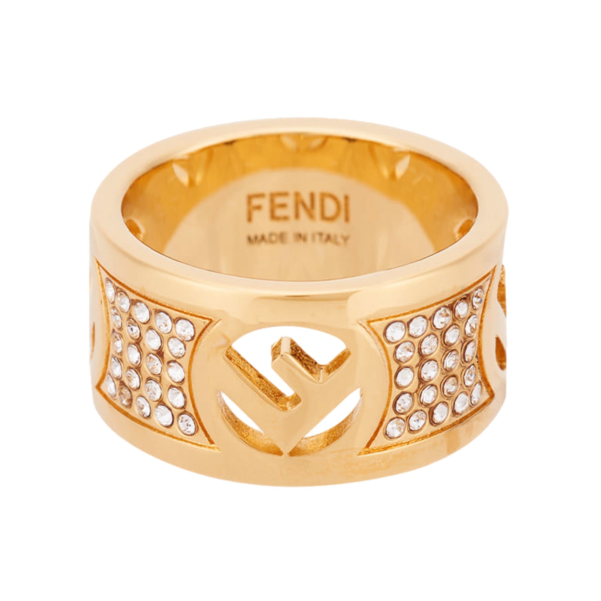Fendi F is Fendi Logo Ring Wide Band Crystal Gold Metal Size Medium available at Queen Bee of Beverly Hills